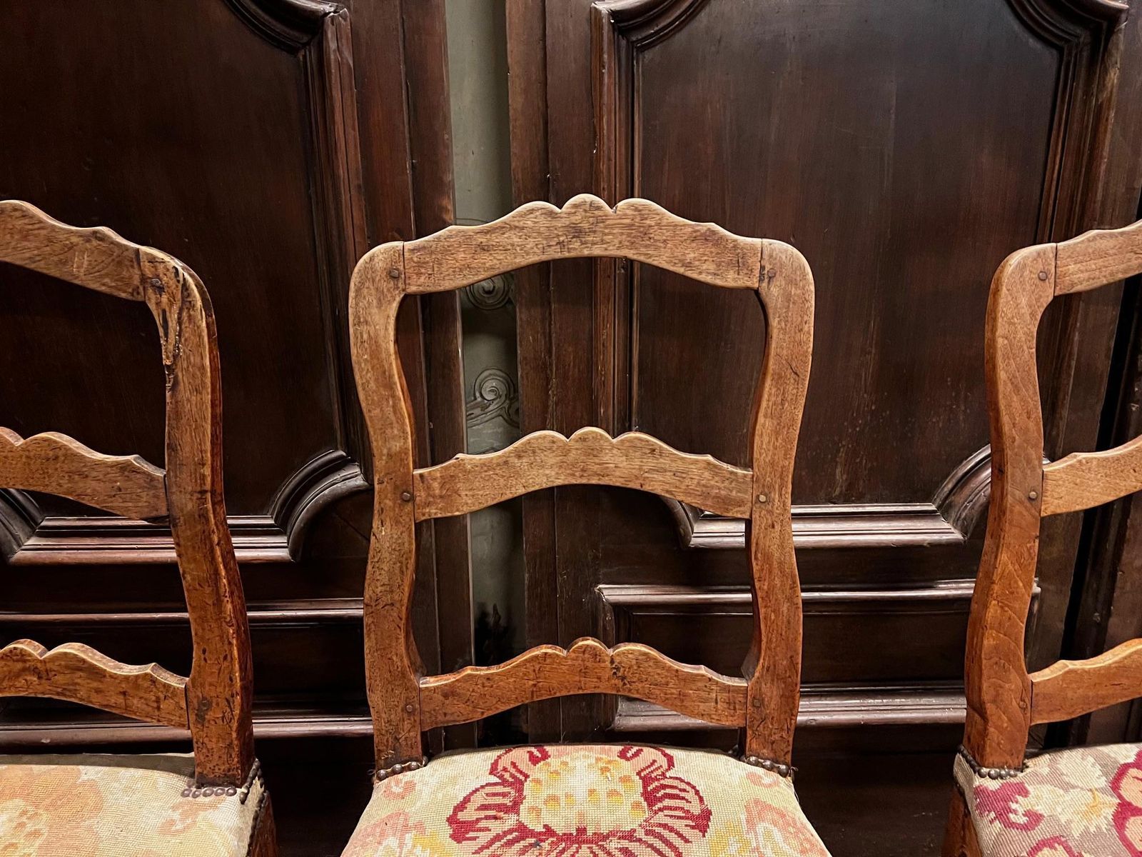 Set Of No.6 Walnut Chairs, Floral Upholstery, Italy photo vintage