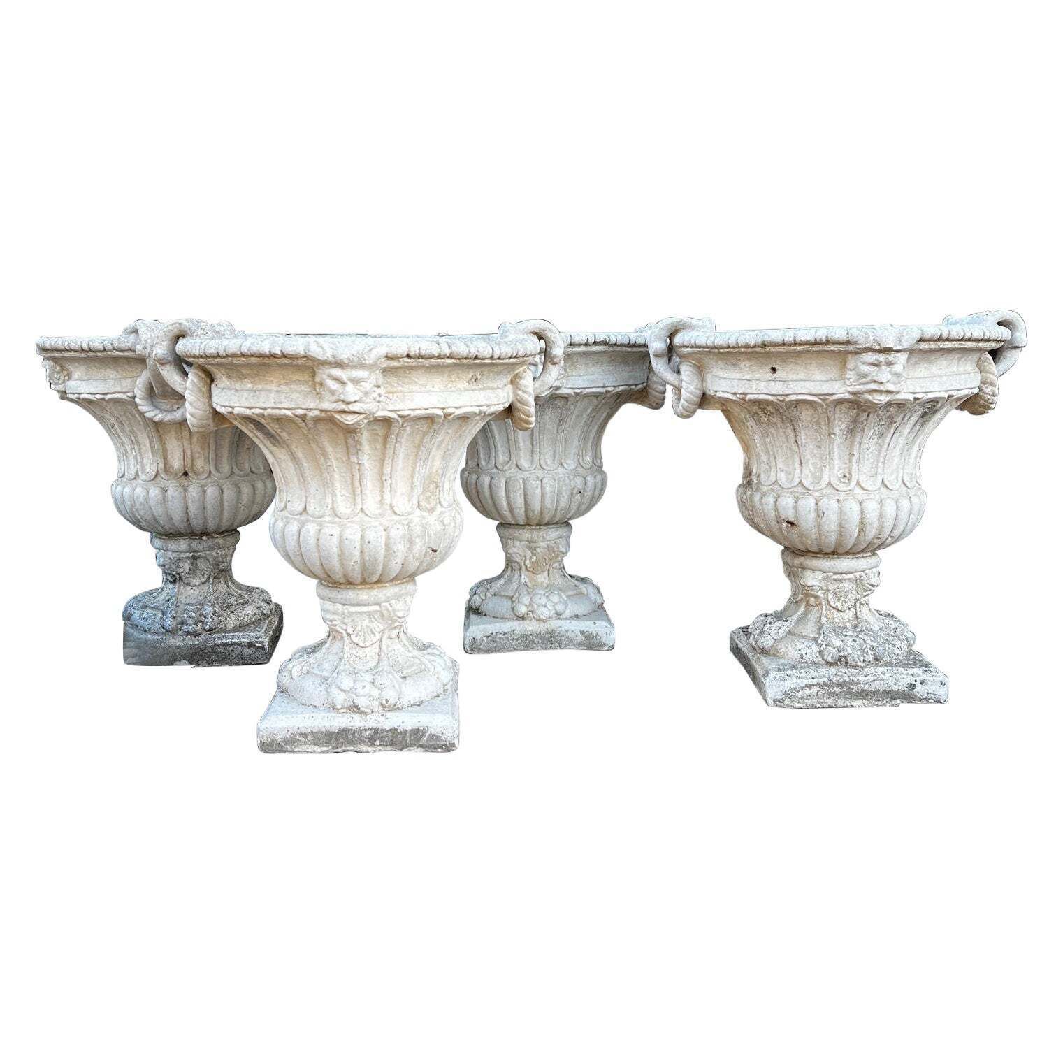 Set Of 4 Composite Stone Bowl Vases With Masks And Carved Decorations