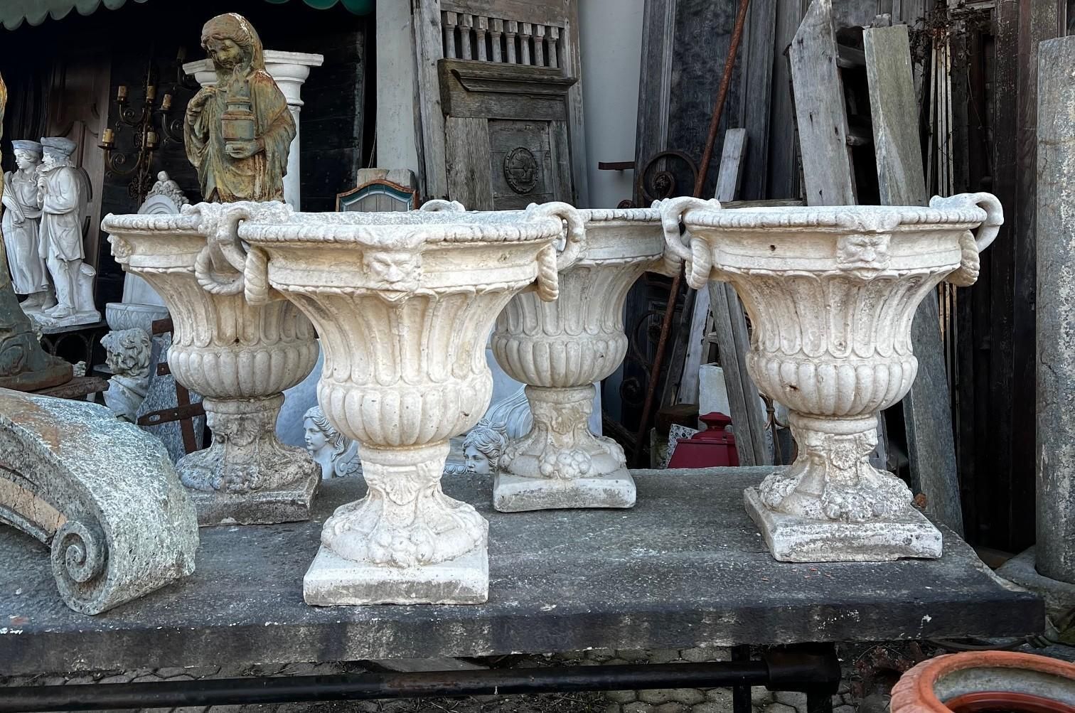 Set Of 4 Composite Stone Bowl Vases With Masks And Carved Decorations photo furniture