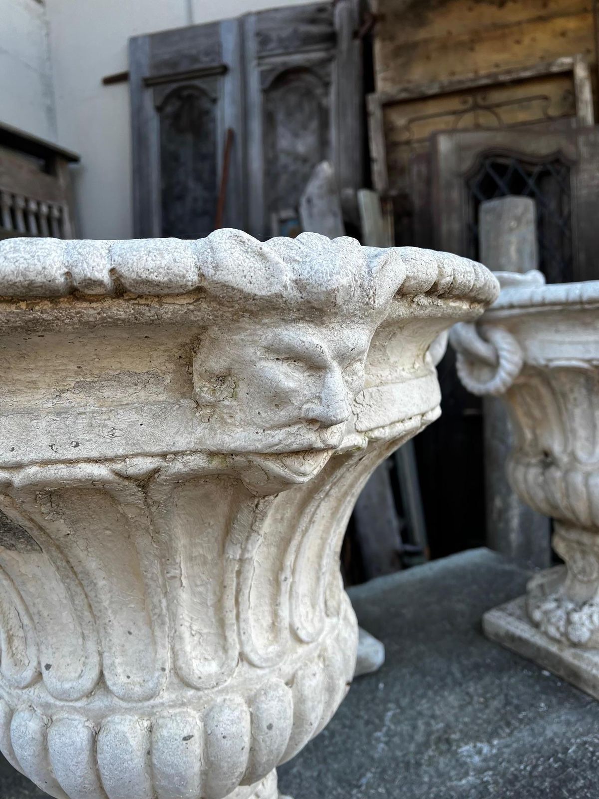 photo for sale Set Of 4 Composite Stone Bowl Vases With Masks And Carved Decorations