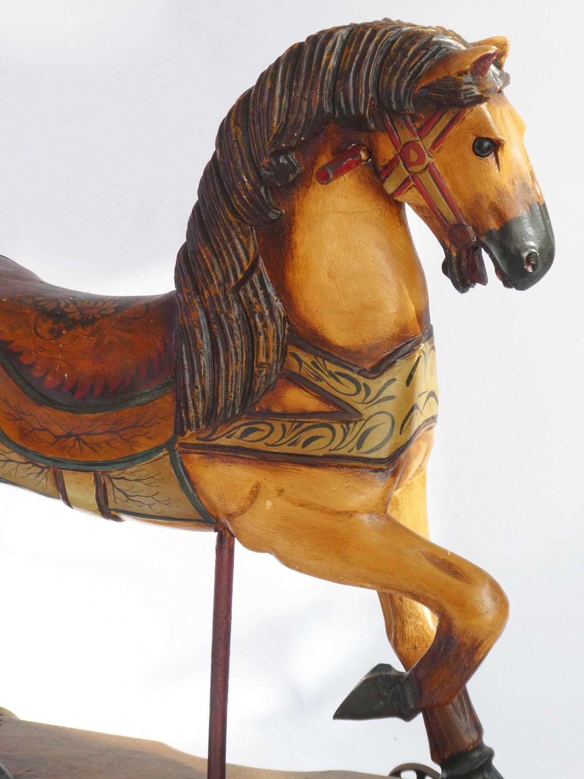 Large Old Wooden Rocking Horse With Glass Eyes, Carved Old Figurine On Wheels, Art Object photo furniture