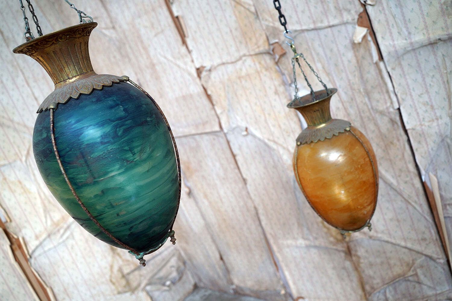 A Pair Of Patented Gilt Metal Mounted & Painted Glass Hanging Apothecary Display Carboys C.1891