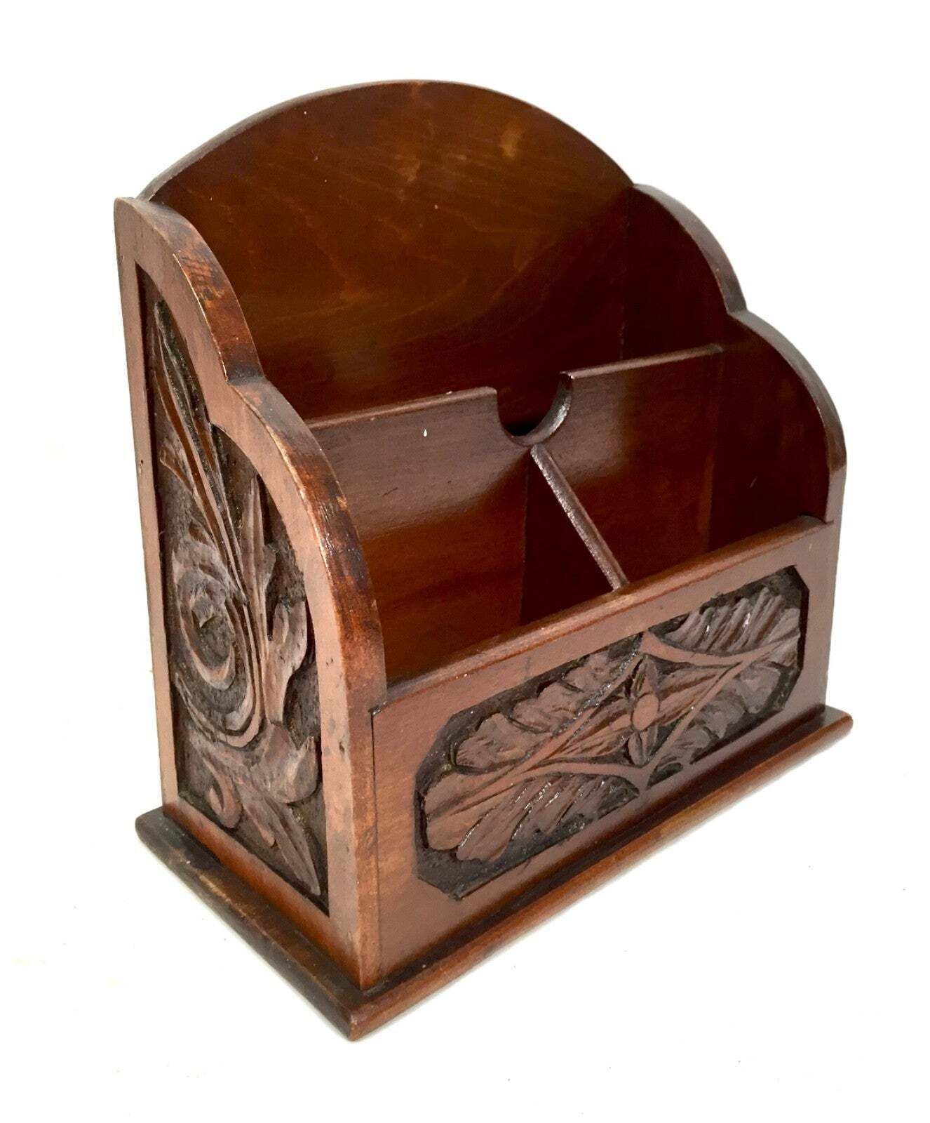 Antique Wooden Hand Carved Desktop Letter Rack / Stationery Holder C.1930 photo 50.0