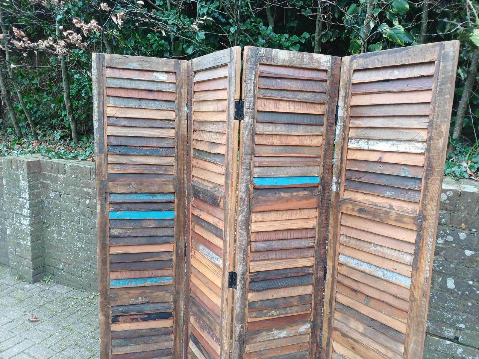 Large Bespoke Reclaimed Wood Folding Screen 4 Panel Room Divider Rustic Industrial Slatted Louvered Privacy Screen 170cm photo Home Decor