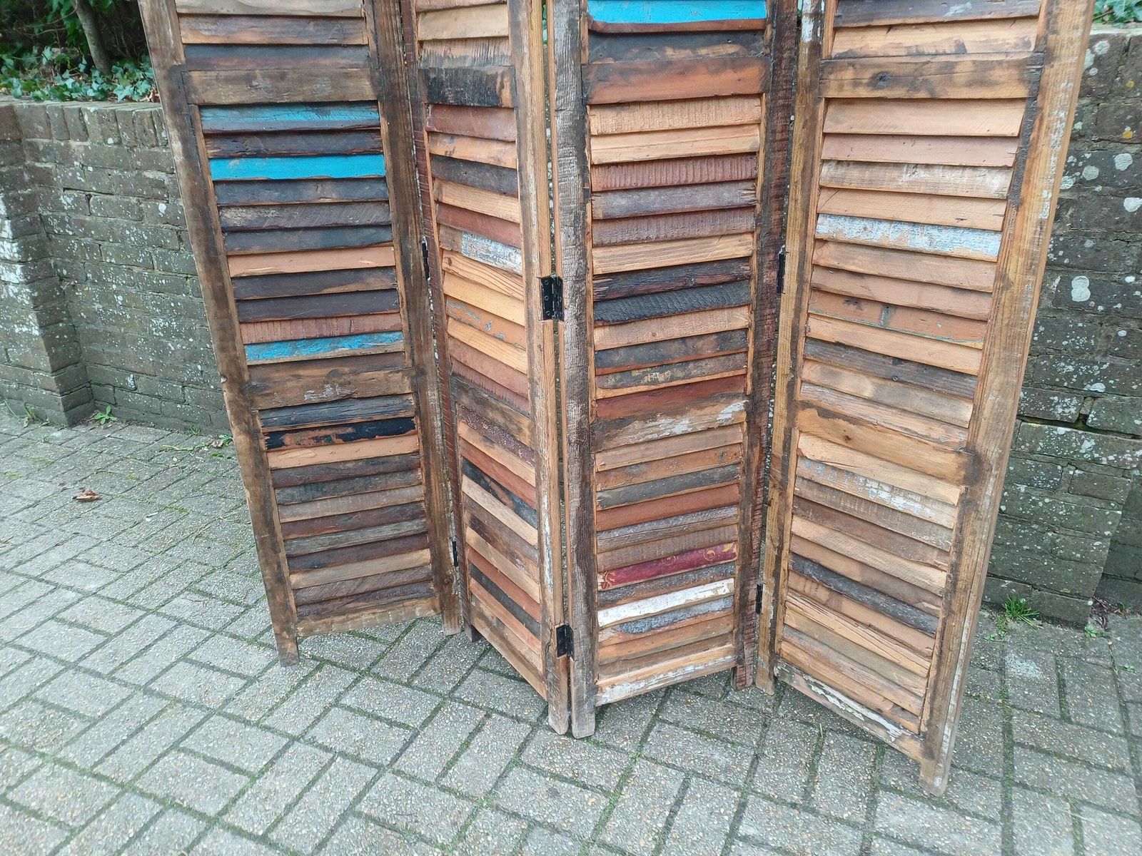 photo vinterior Large Bespoke Reclaimed Wood Folding Screen 4 Panel Room Divider Rustic Industrial Slatted Louvered Privacy Screen 170cm