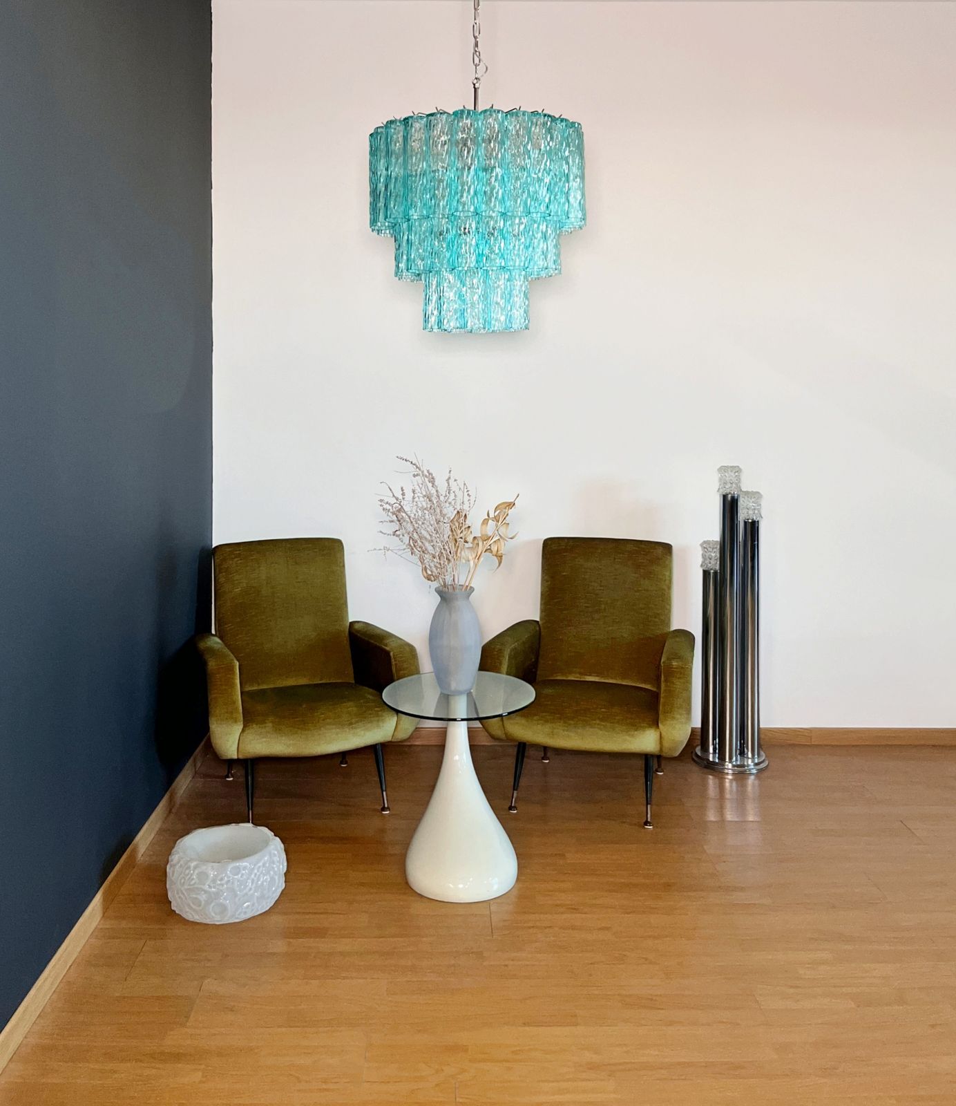 Large Three Tier Venini Murano  Turquoise Glass Tube Chandelier photo for sale