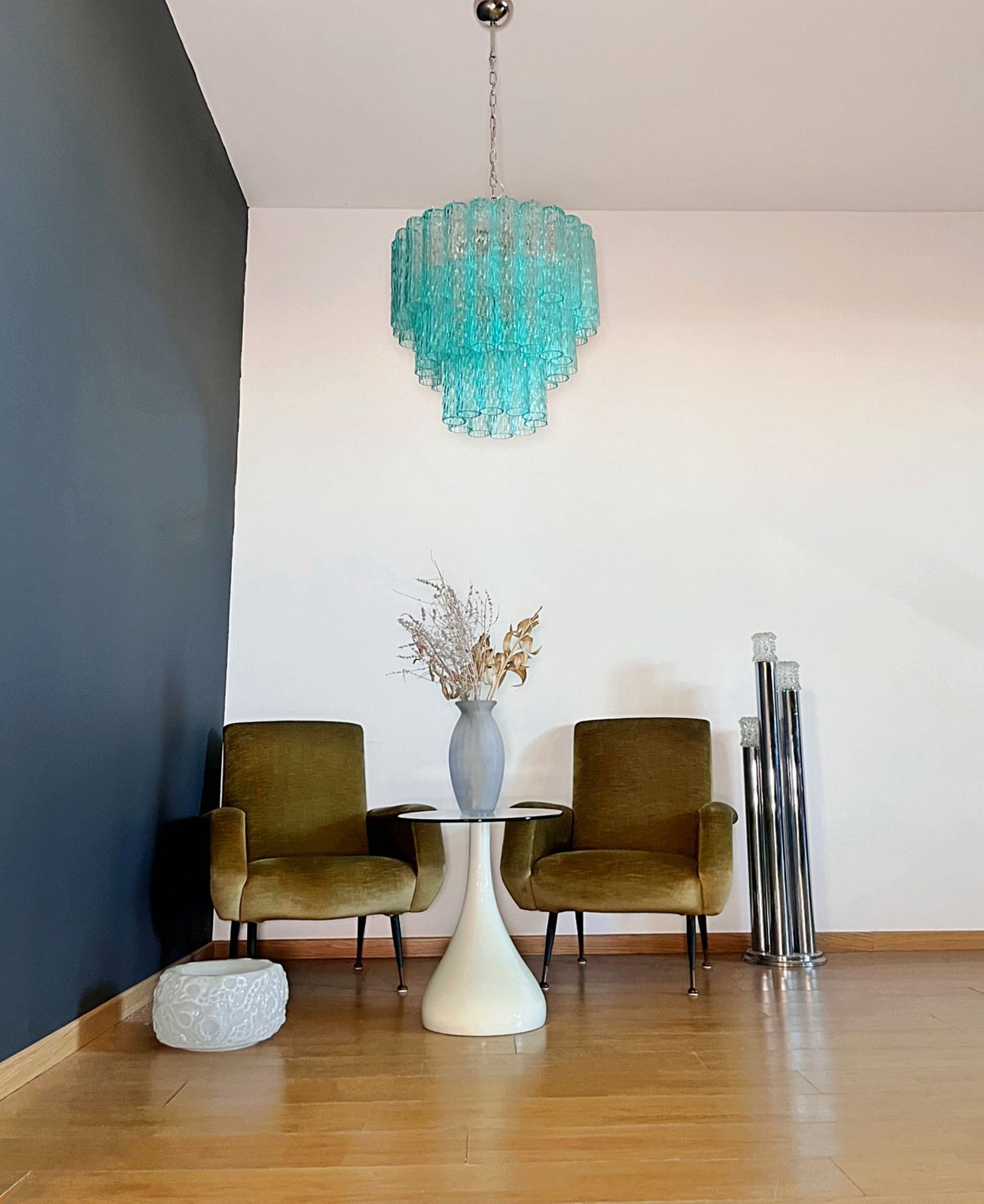 Large Three Tier Venini Murano  Turquoise Glass Tube Chandelier photo Lighting