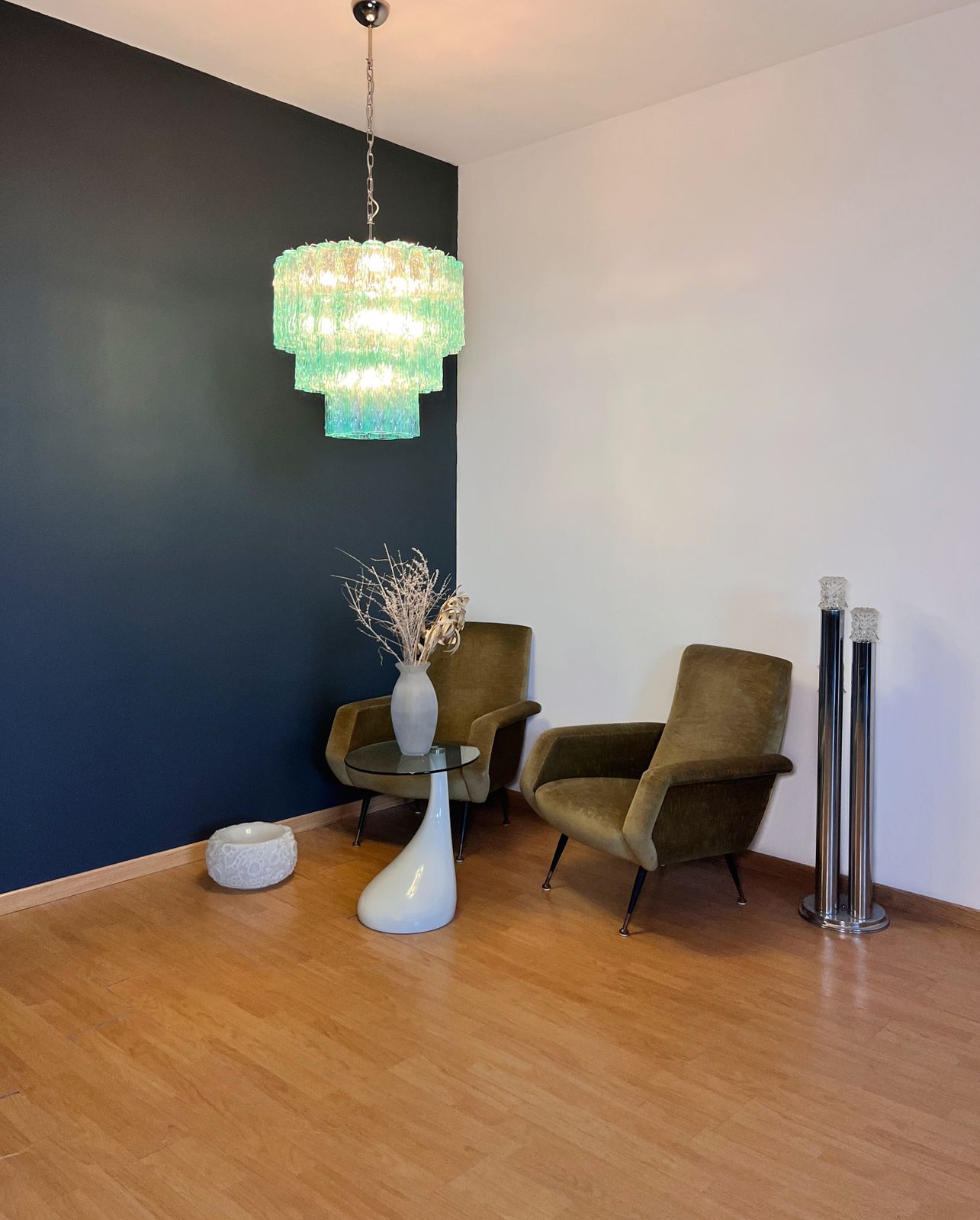 photo for sale Large Three Tier Venini Murano  Turquoise Glass Tube Chandelier