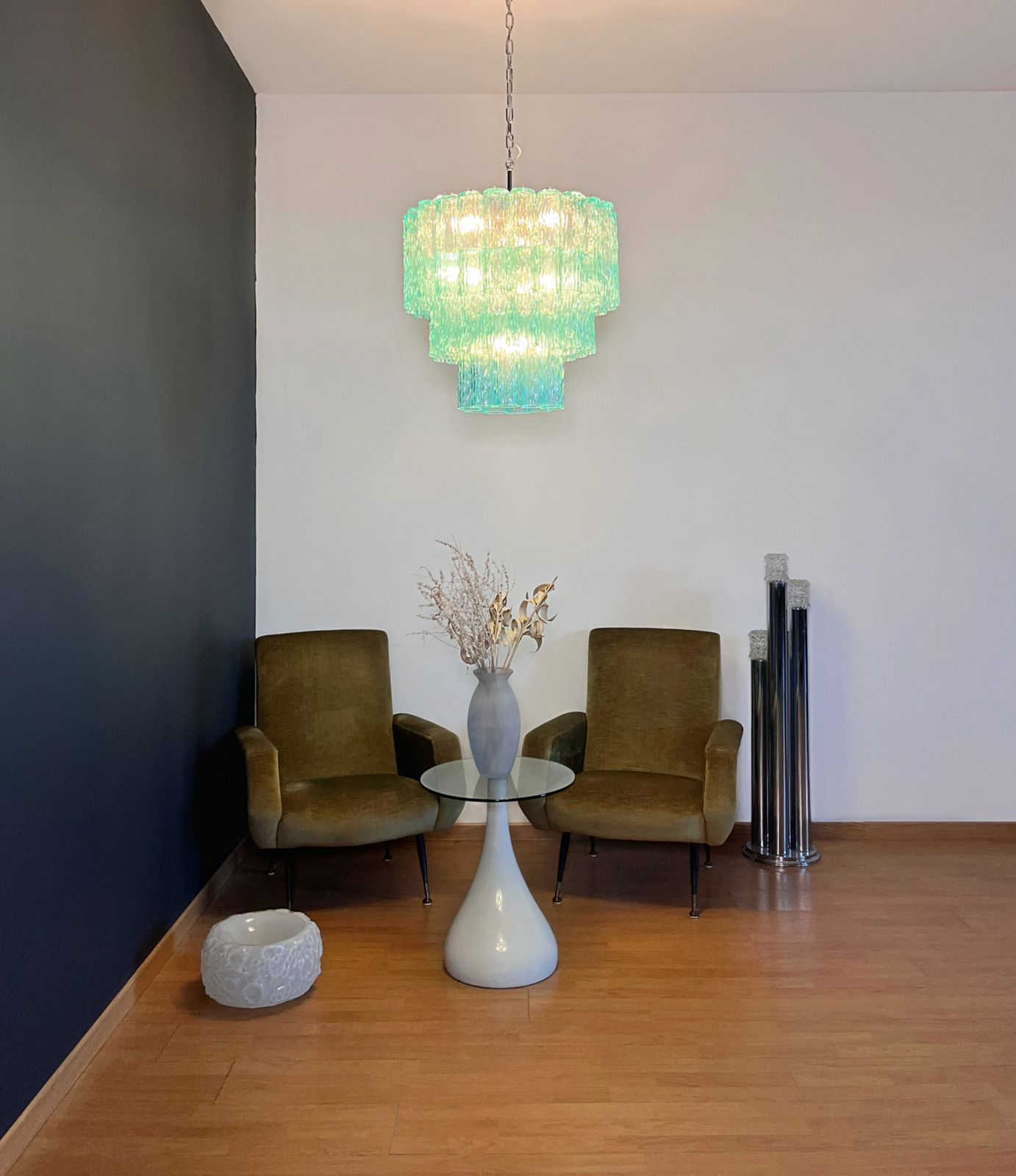 Lighting Large Three Tier Venini Murano  Turquoise Glass Tube Chandelier photo