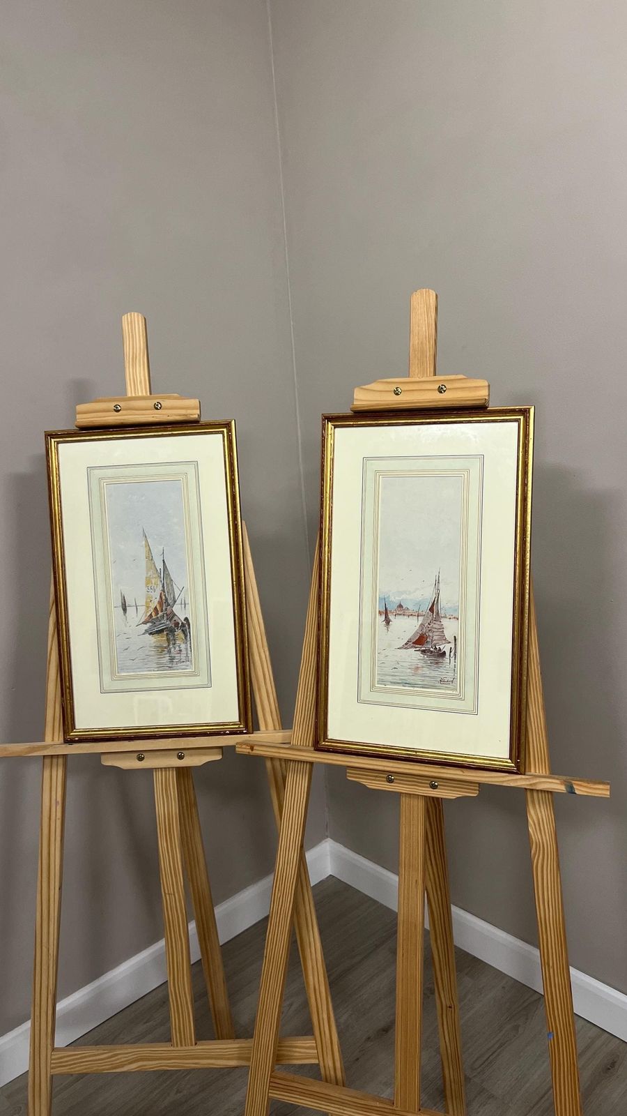 Pair Signed Original Watercolour Pictures Of Sailing Boats Coastal Scenes
