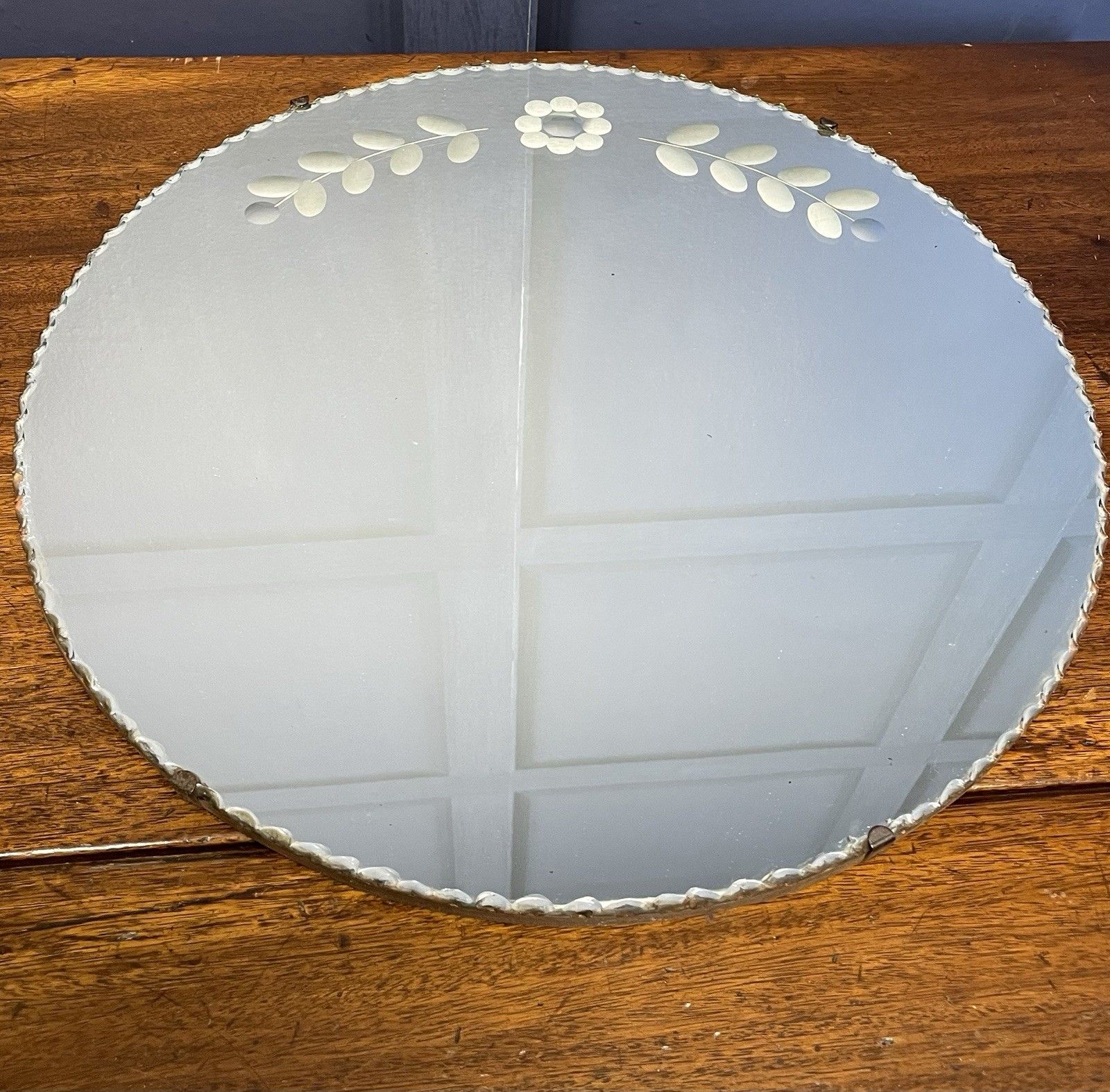 Antique Art Deco Round Mirror Pie Crust Edge Floral Design With Sorcerer’s Spots photo vinterior