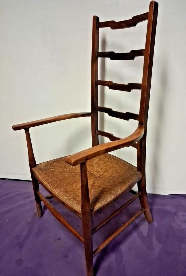 Antique Art Nouveau Low Ladder Back Chair With Woven Rush Seating