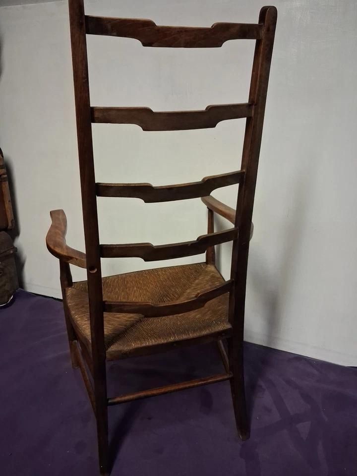 Antique Art Nouveau Low Ladder Back Chair With Woven Rush Seating photo furniture