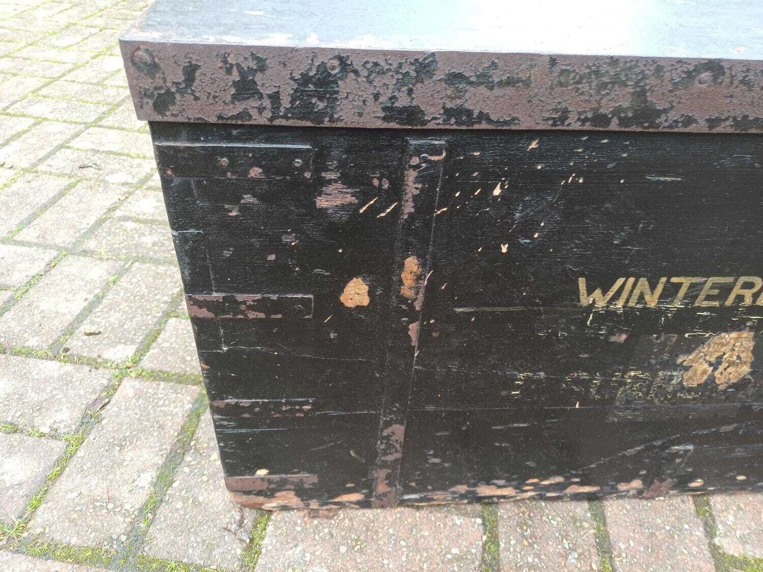 275.0 Antique Painted Pine Military Trunk Winterhauder Sussex Regiment Travel Chest Storage Box Coffee Table Vintage Ww1 Style photo