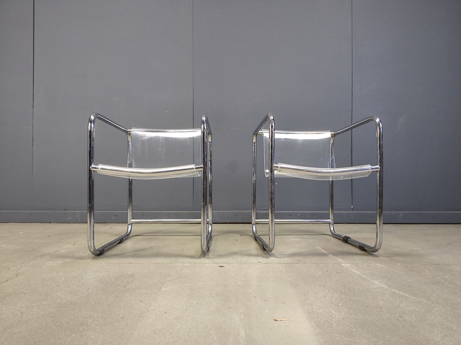 photo for sale Pair Of Plexiglass And Tubular Chrome Armchairs, 1970s