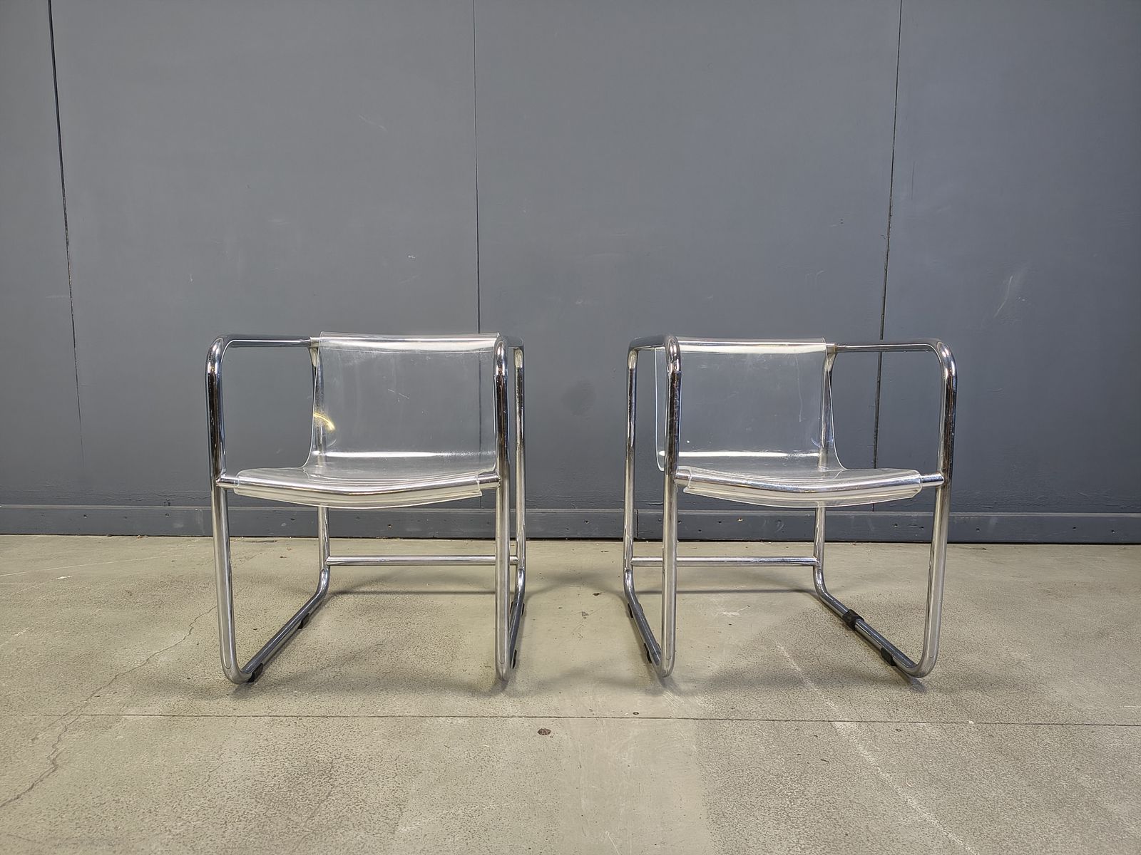 Furniture Pair Of Plexiglass And Tubular Chrome Armchairs, 1970s photo