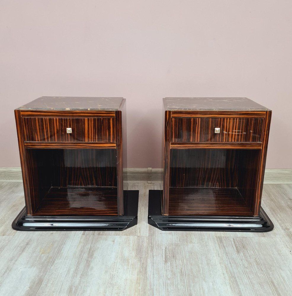 Art Deco Bedside Tables In Makassar Ebony And Portoro Marble, 1930s, Set Of 2 photo furniture