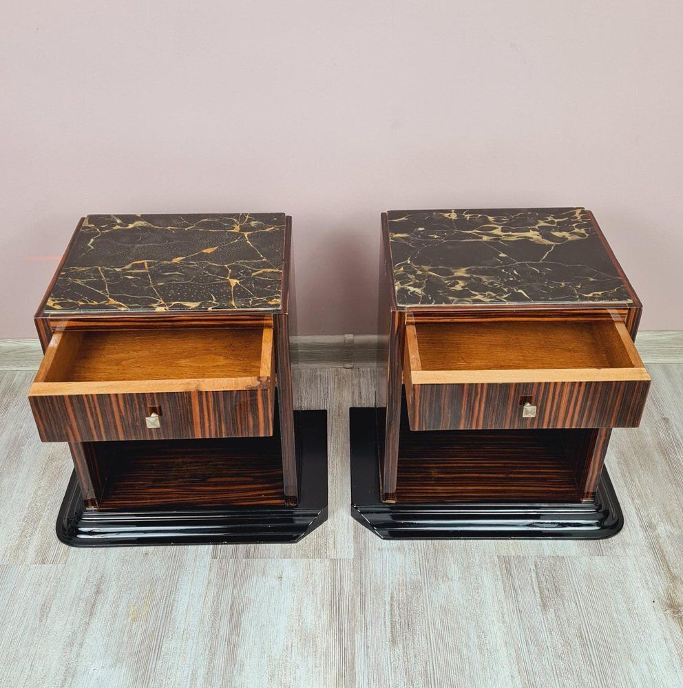 photo furniture Art Deco Bedside Tables In Makassar Ebony And Portoro Marble, 1930s, Set Of 2