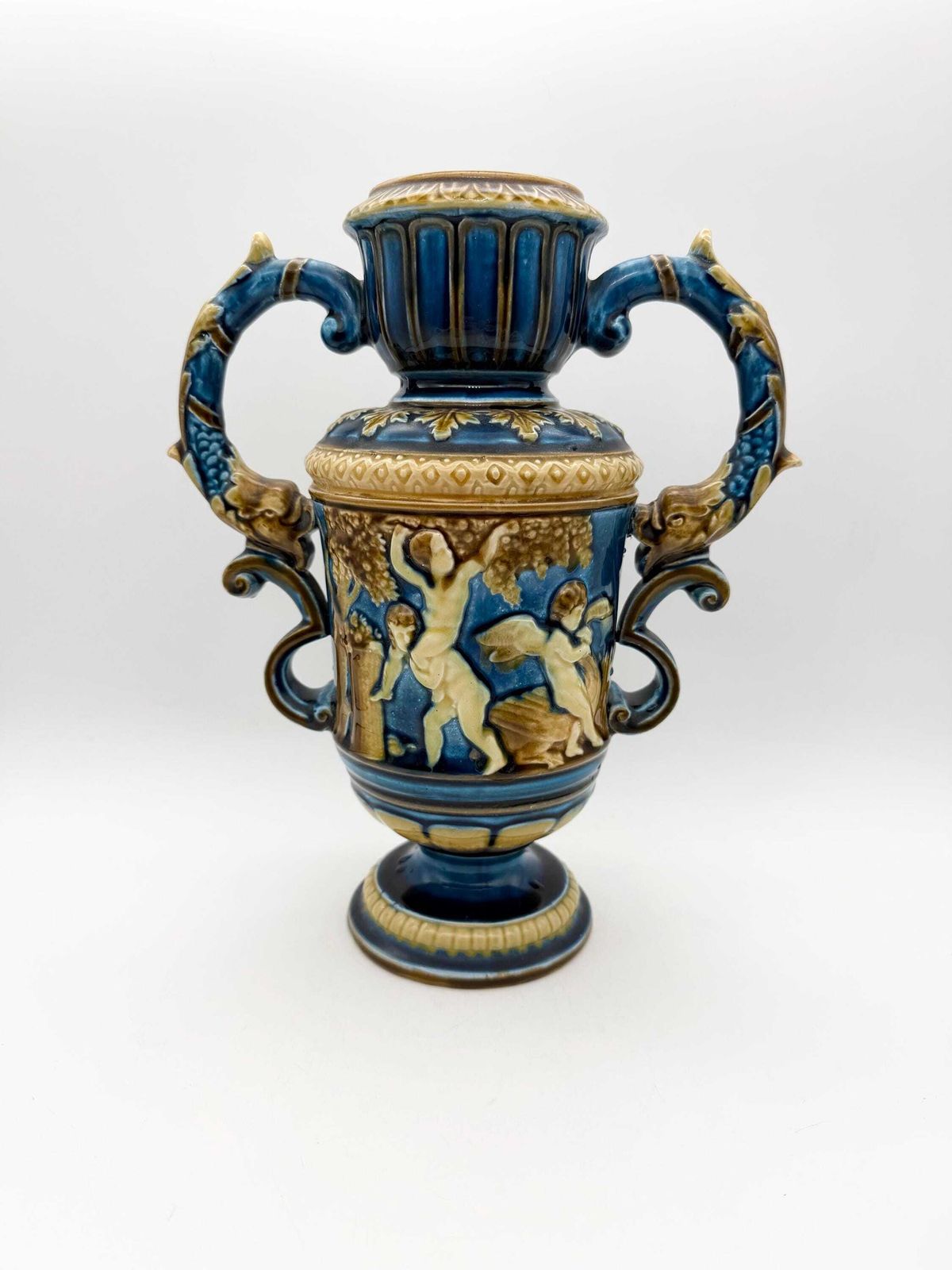 Antique Continental Majolica Vase, Schutz Blansko Cherub Putti Vase Circa 1900 photo furniture