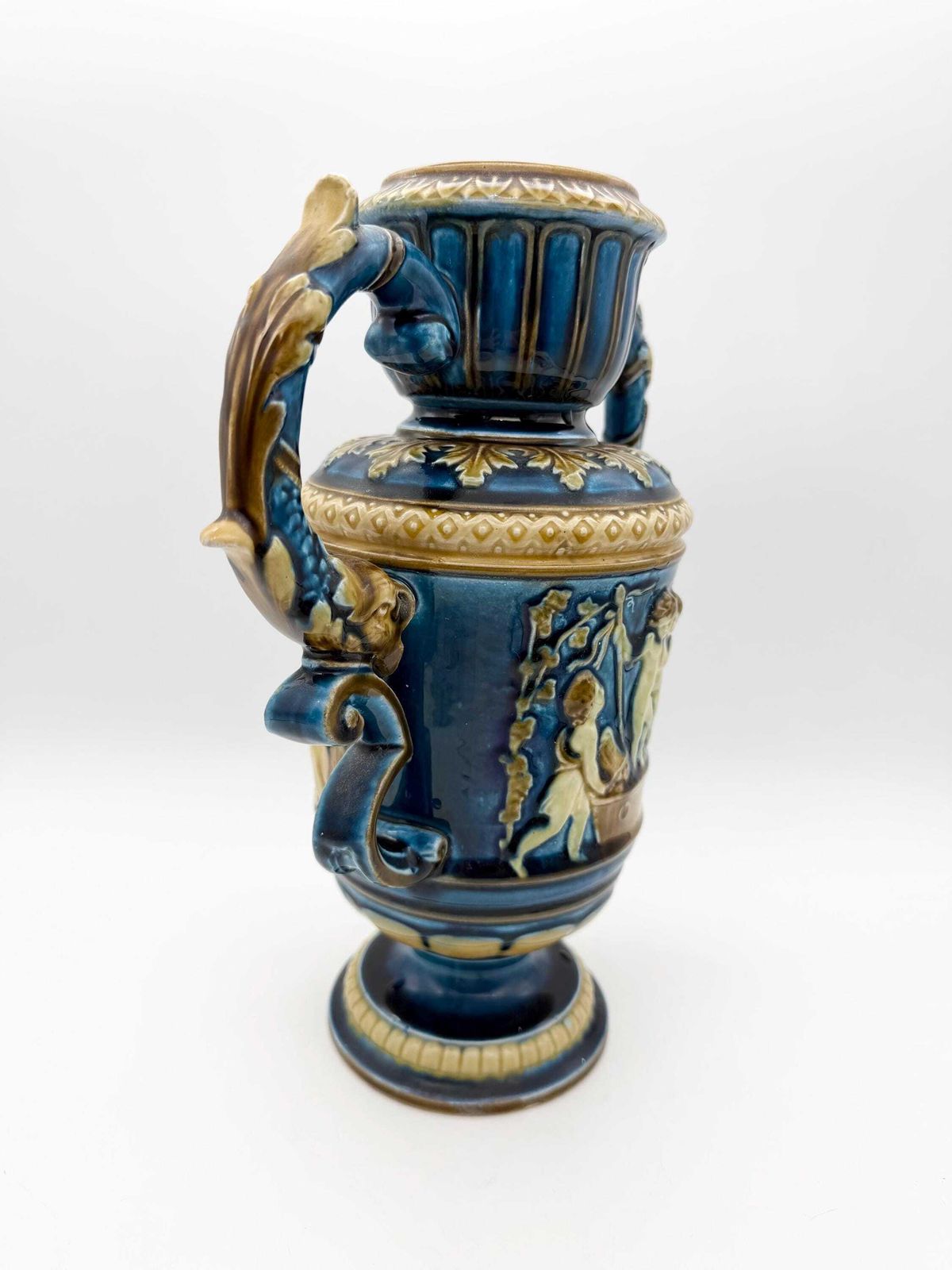 photo furniture Antique Continental Majolica Vase, Schutz Blansko Cherub Putti Vase Circa 1900