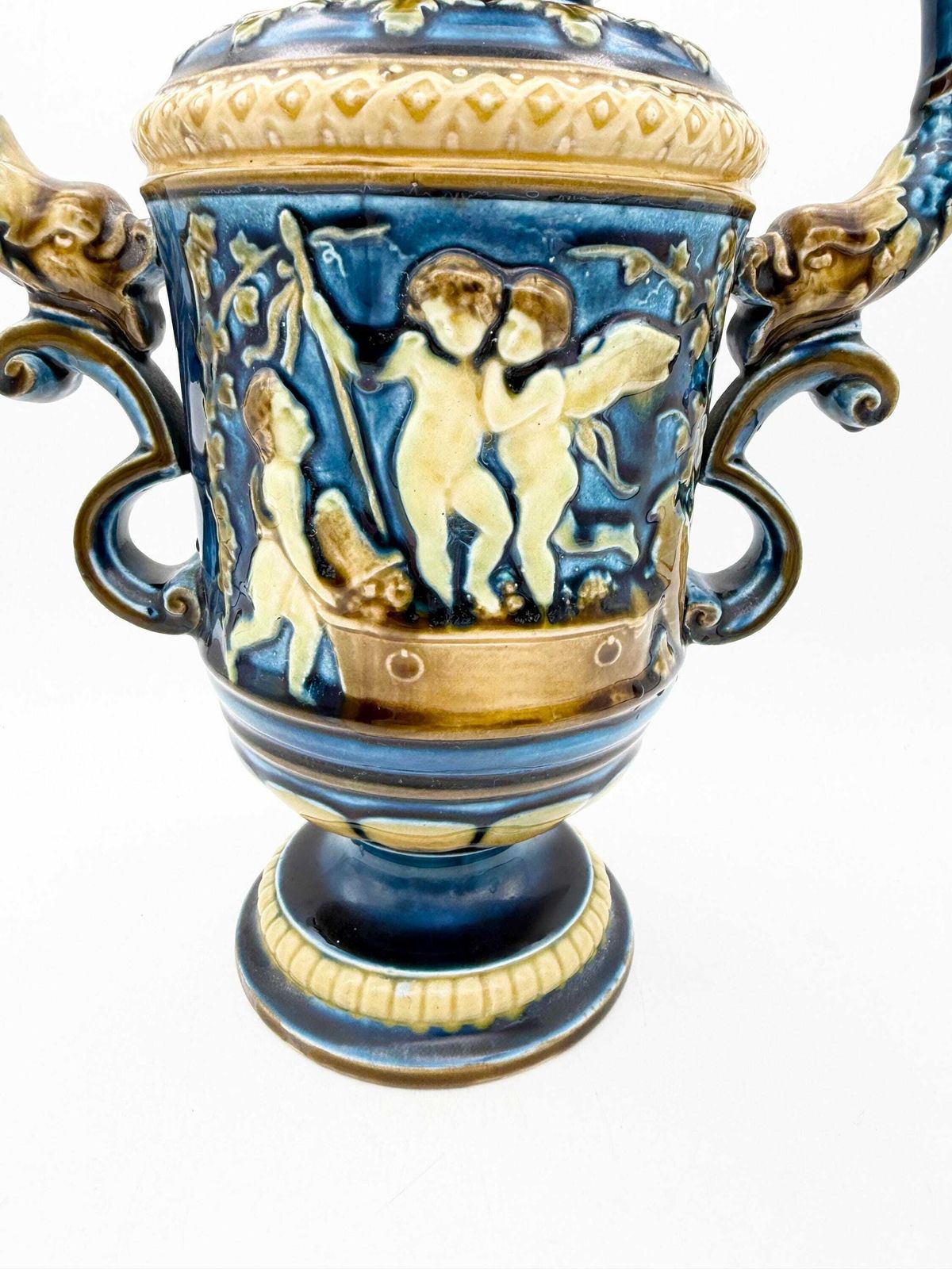 684.0 Antique Continental Majolica Vase, Schutz Blansko Cherub Putti Vase Circa 1900 photo