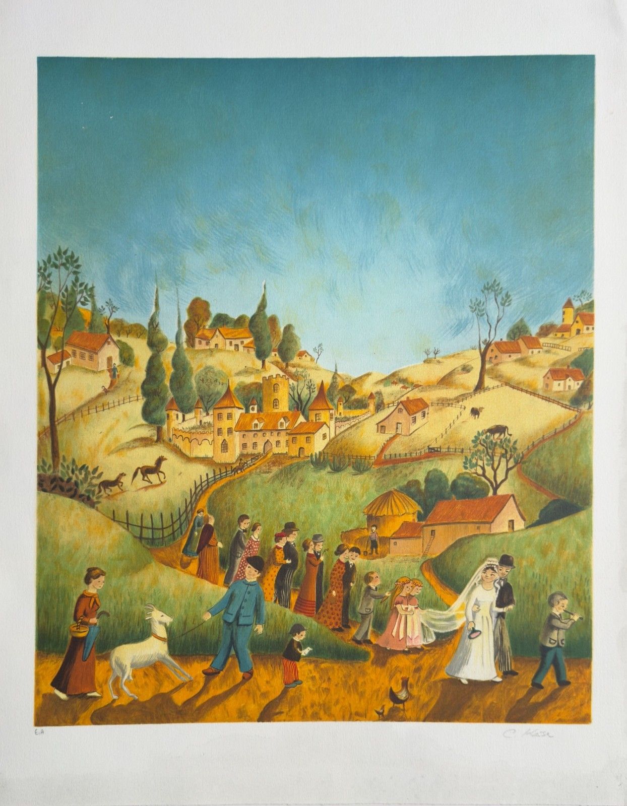 Claude Kaiser Lithograph Signed Lithograph Naive Art French Wedding