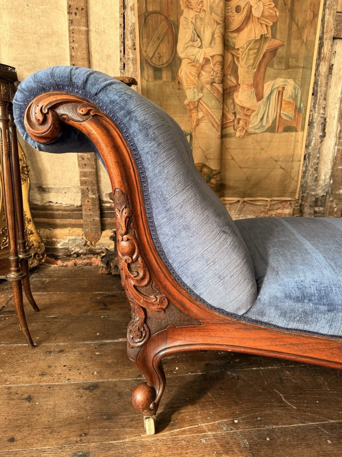 photo for sale Rare Elegant Antique Walnut Carved Blue Statement French Chaise Longue Daybed