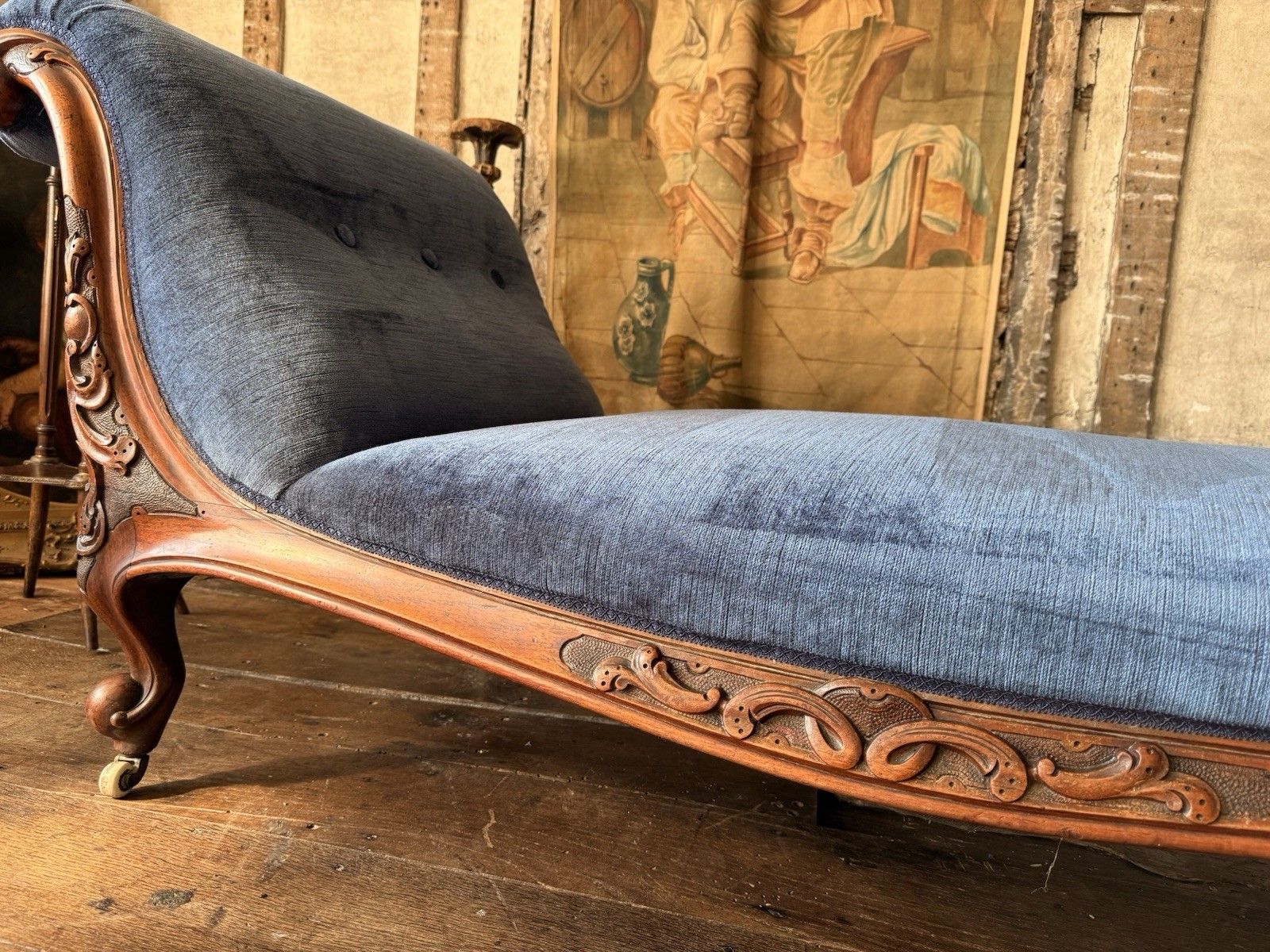 Furniture Rare Elegant Antique Walnut Carved Blue Statement French Chaise Longue Daybed photo