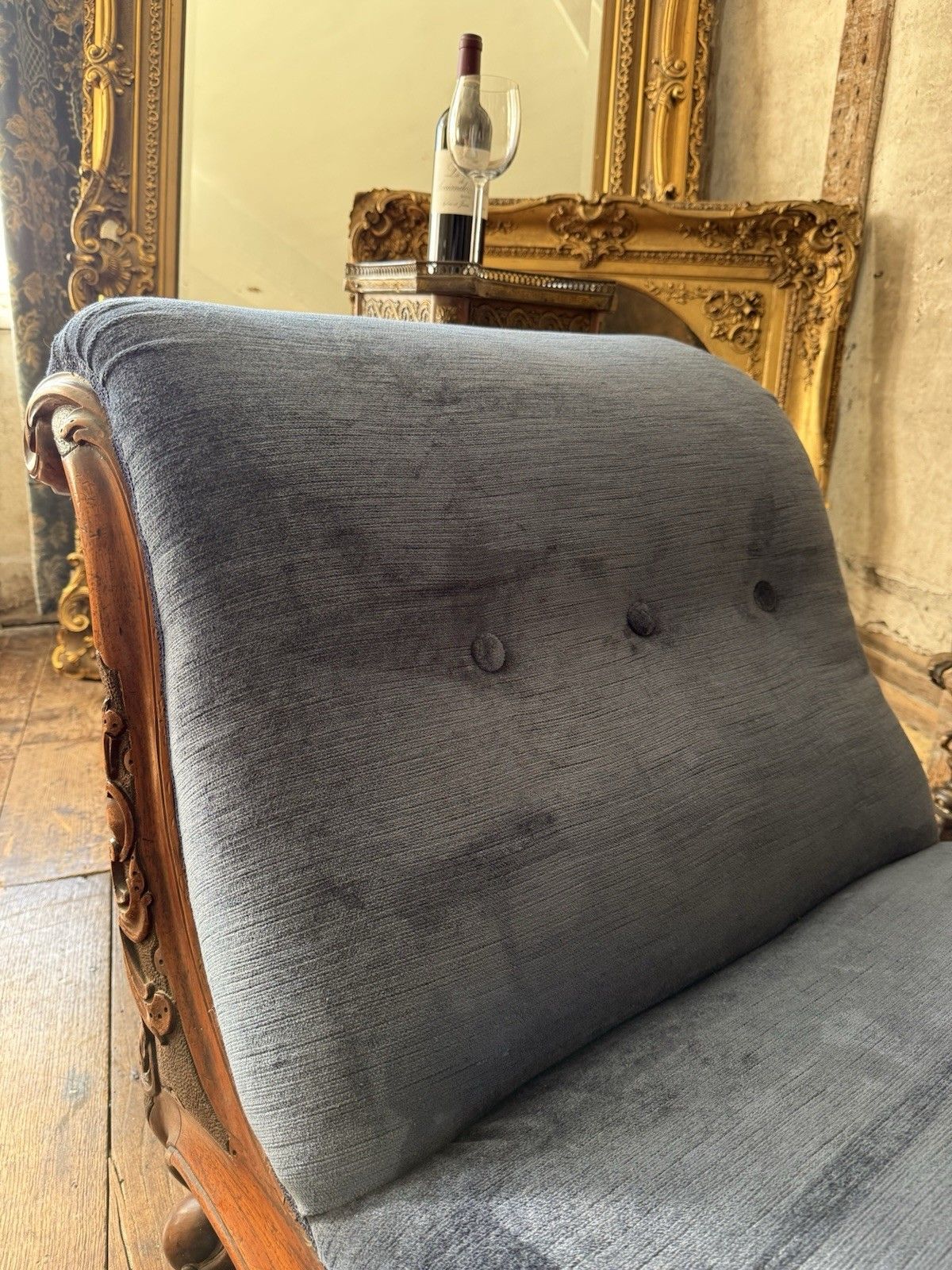photo buy Rare Elegant Antique Walnut Carved Blue Statement French Chaise Longue Daybed