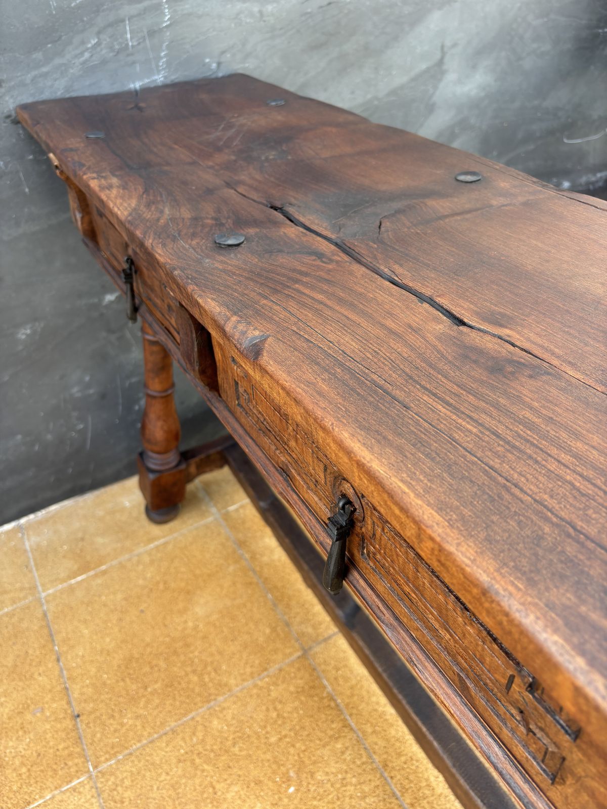Spanish Renaissance Revival Three Drawer Console Table, Early 20th Century photo vinterior