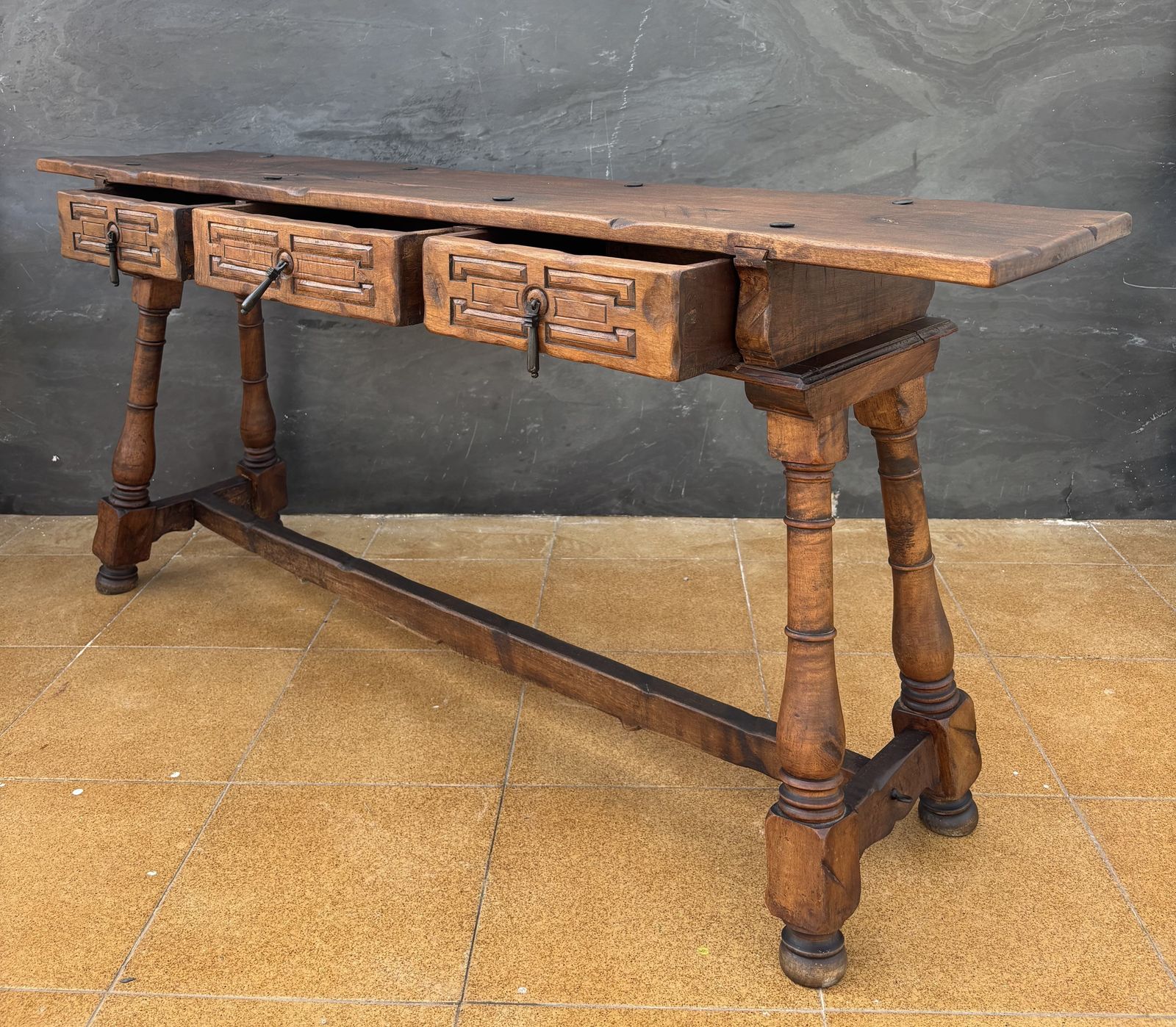 photo furniture Spanish Renaissance Revival Three Drawer Console Table, Early 20th Century
