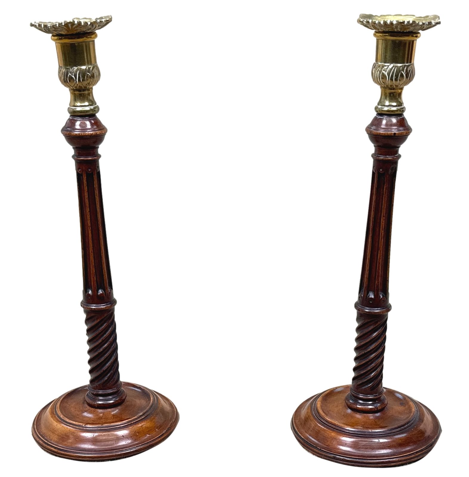 18th Century Mahogany & Brass Candlesticks (England, Circa 1760) photo vintage