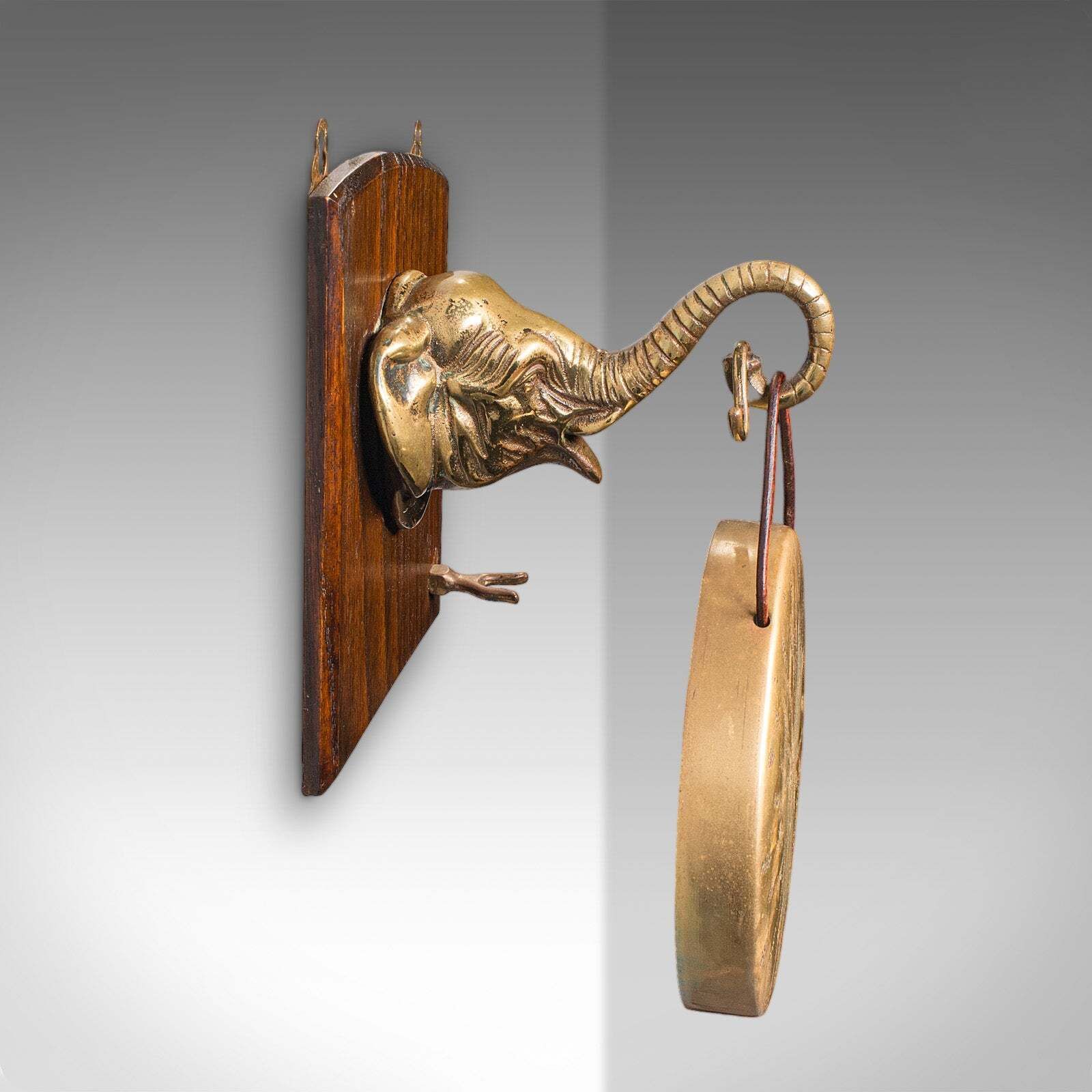 Antique Elephant's Head Gong, English, Brass, Mounted Dinner Chime, Victorian photo 504.0