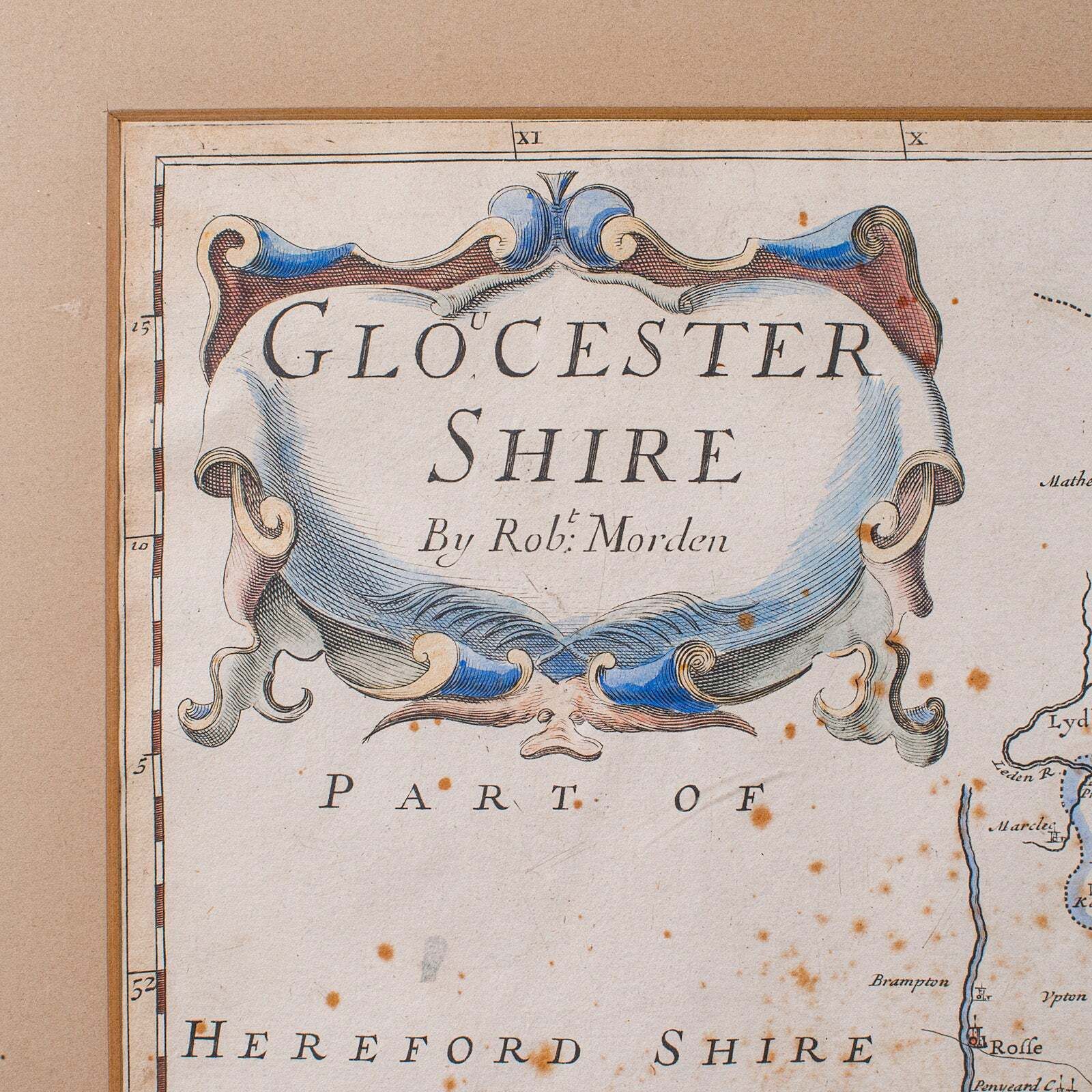 Antique Framed Gloucestershire Map, English Atlas Engraving, Cartography, C.1700 photo 708.0