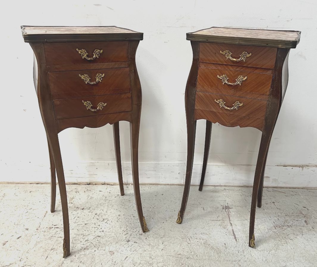 Pair Of Louis XV Style Inlaid Small Dressers Marble Top 20th Century