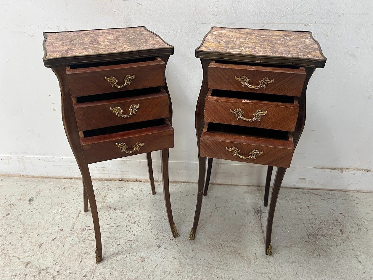 Pair Of Louis XV Style Inlaid Small Dressers Marble Top 20th Century photo vinterior