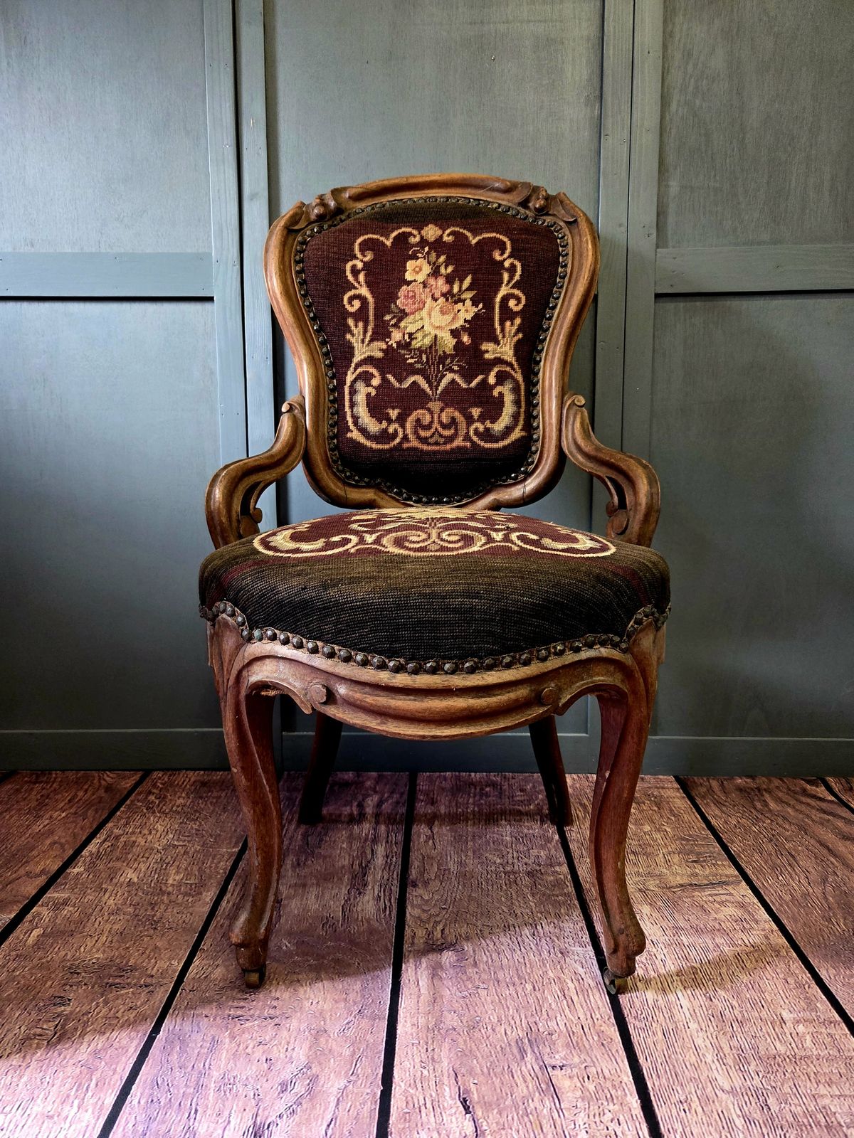 Early 20th Century Louis XV Style Walnut Salon Armchair With Needlepoint Upholstery photo furniture