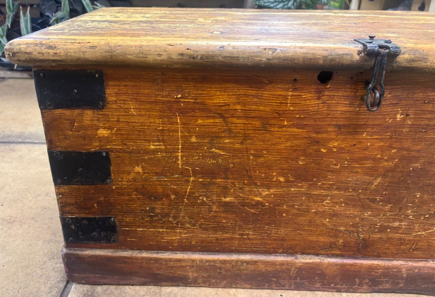 Antique Industrial Metal Bound Wooden Storage Trunk photo furniture