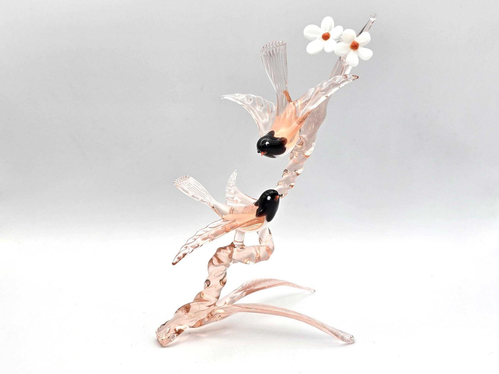 Vintage Murano Style Glass Bird Sculpture, Pink Blossom Tree, Two Birds