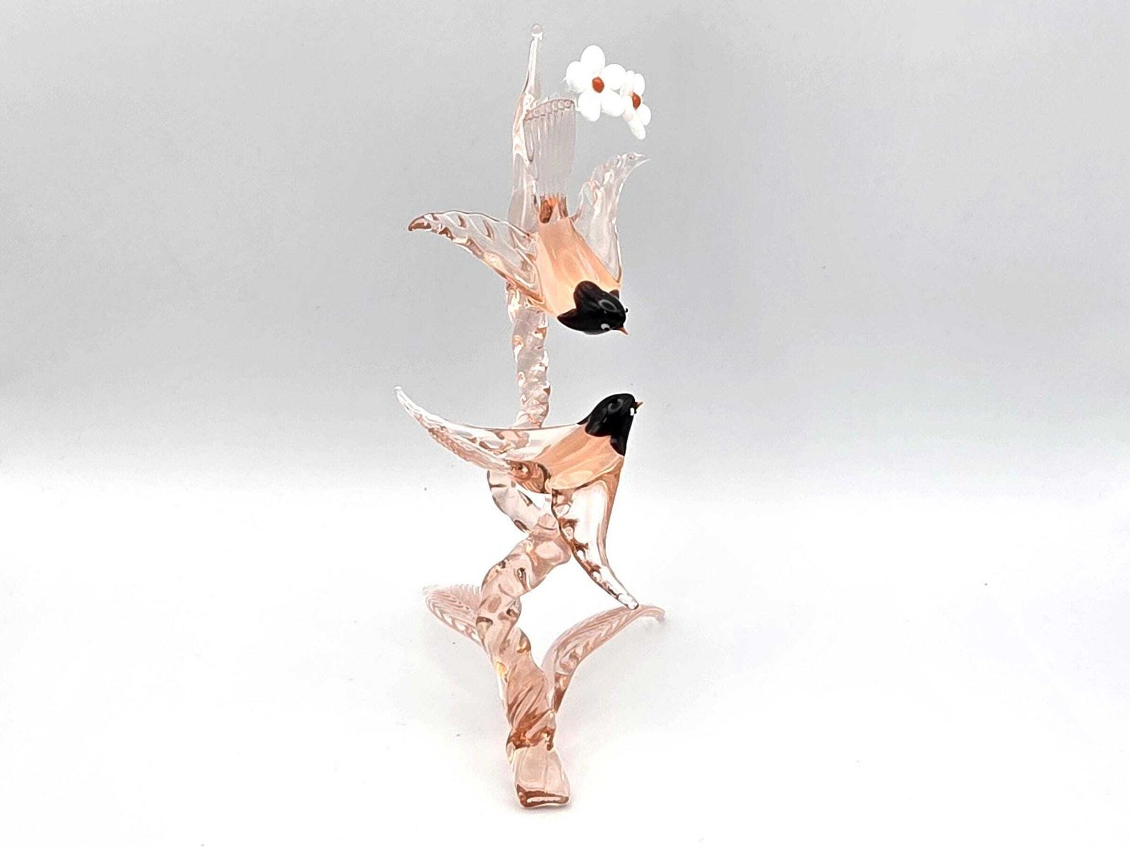 Vintage Murano Style Glass Bird Sculpture, Pink Blossom Tree, Two Birds photo Art