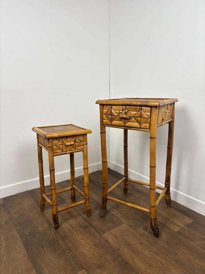 Pair Of Vintage French Bamboo Side Tables With Hand Painted Rose Detail photo for sale
