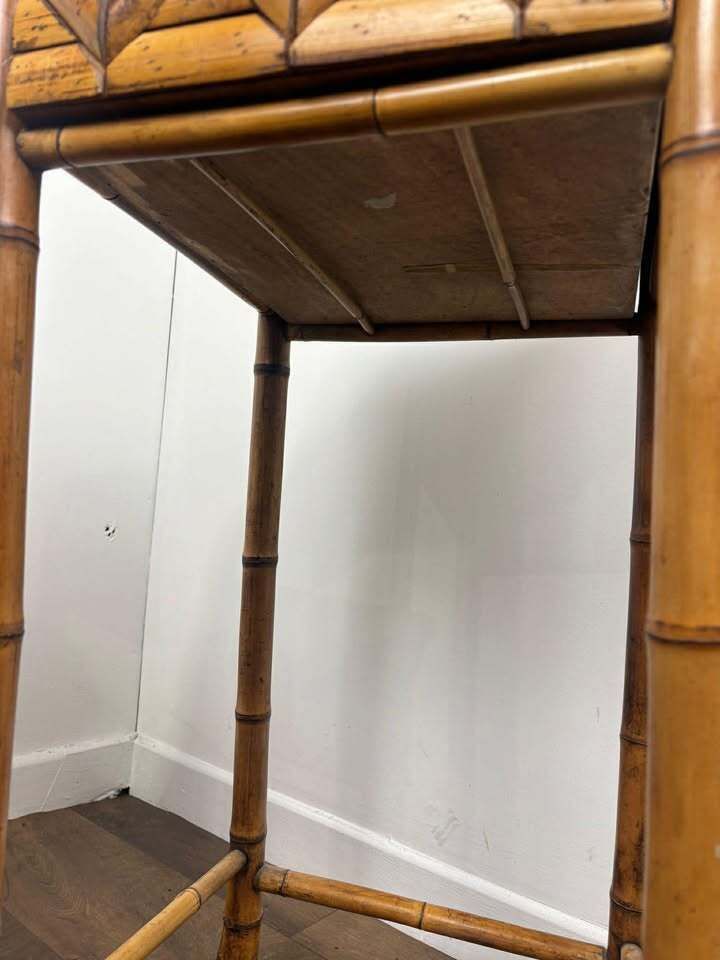 photo furniture Pair Of Vintage French Bamboo Side Tables With Hand Painted Rose Detail