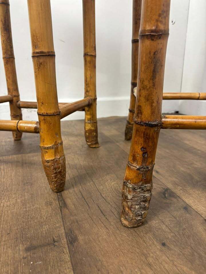 Furniture Pair Of Vintage French Bamboo Side Tables With Hand Painted Rose Detail photo