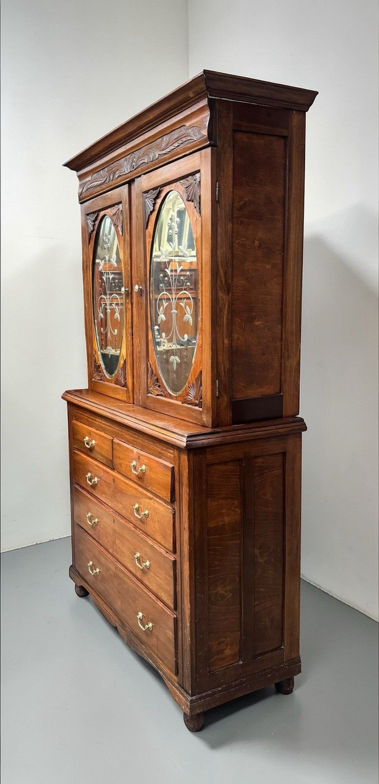 Antique Walnut Carved Bookcase Chest Of Drawers Decorative C1900 Etched Mirrors photo for sale