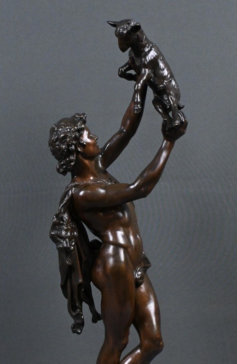 Art Important Bronze Sculpture "Faun Playing With A Kid" Signed Gumery – Second Half Of The 19th Century photo