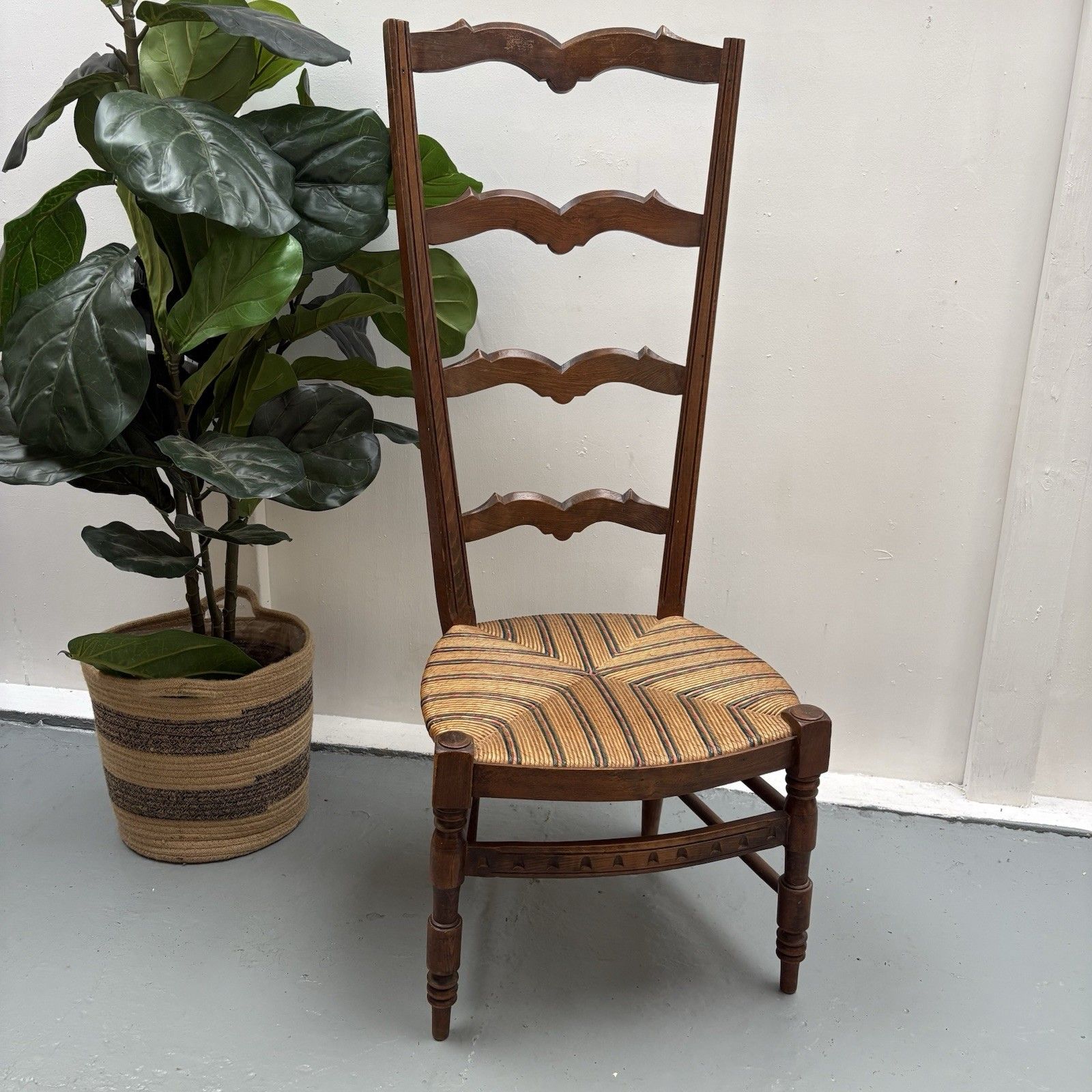 Vintage French High Ladder Back Hall Chair With A Tall Back & Lovely Wicker Seat
