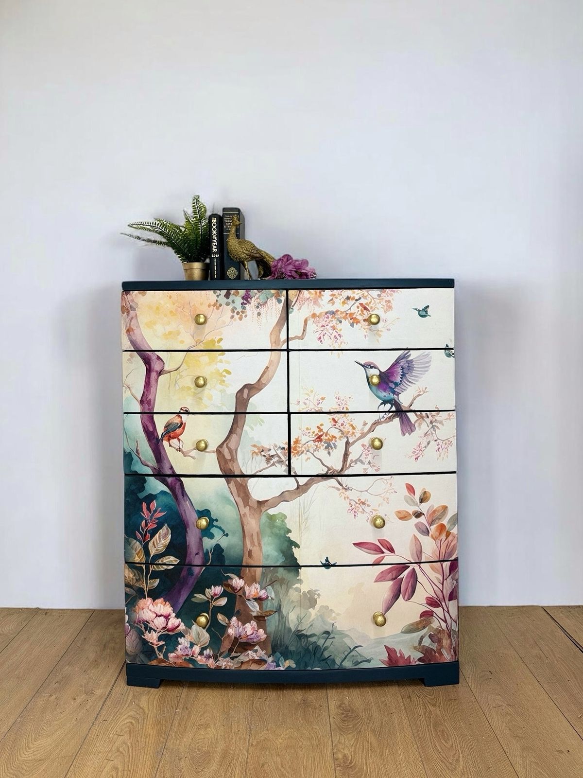 Pretty Floral Extra Large Chest Of Drawers In A Deep Teal Navy Blue