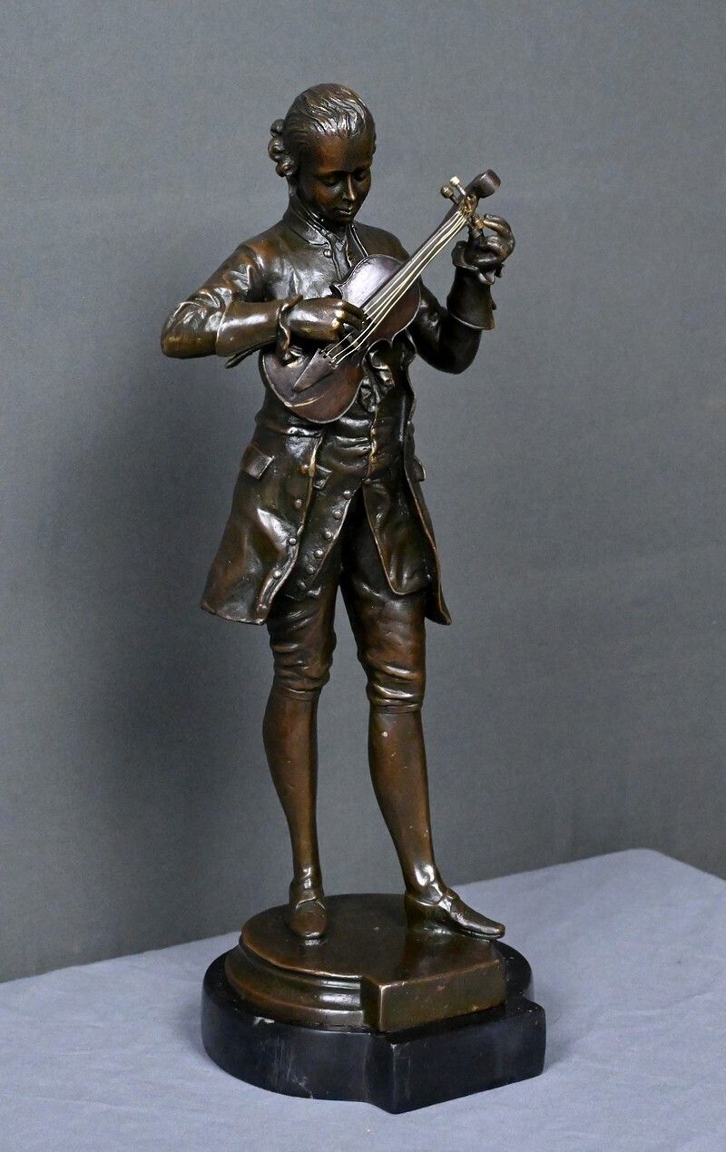 Bronze Sculpture "Mozart Tuning His Violin" – 20th Century photo for sale