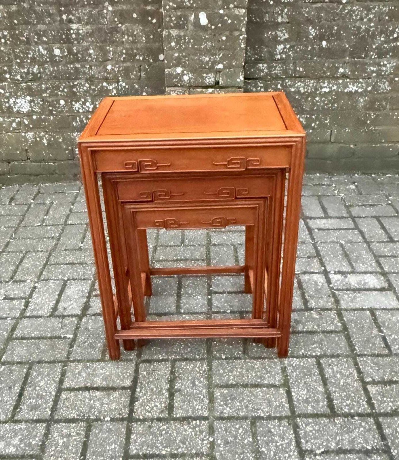 Vintage Chinese Style Nest Of Three Tables Hardwood Oriental Inspired Side Accent Tables