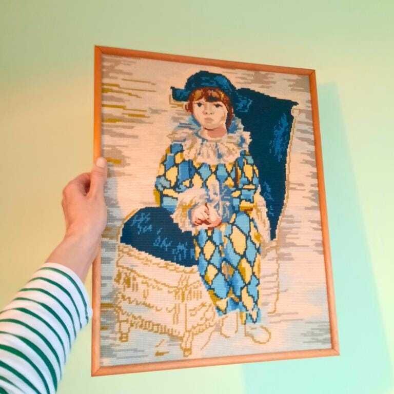 Vintage Oak Wooden Framed Needlepoint After Pablo Picasso's Harlequin H 19.5'' Tall